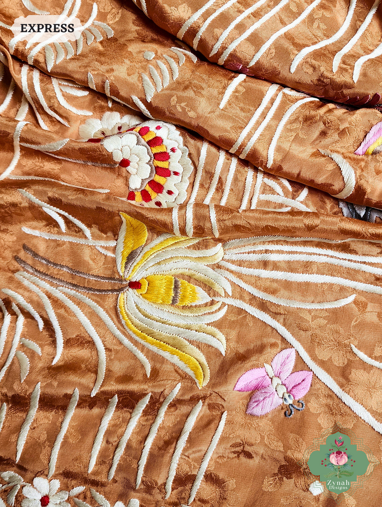 Zynah Golden Brown Crepe Silk Self Weave Hand Embroidered Authentic Parsi Gara Saree; Custom Stitched/Ready-made Blouse, Fall, Petticoat; SKU: 0207202502