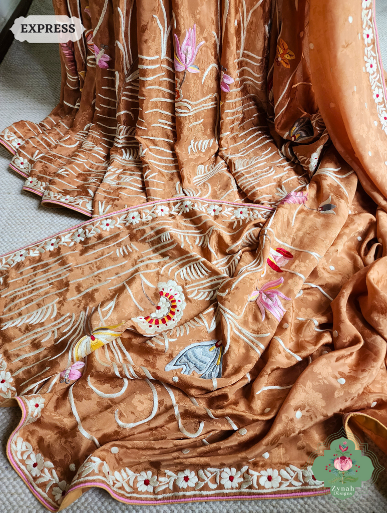 Zynah Golden Brown Crepe Silk Self Weave Hand Embroidered Authentic Parsi Gara Saree; Custom Stitched/Ready-made Blouse, Fall, Petticoat; SKU: 0207202502