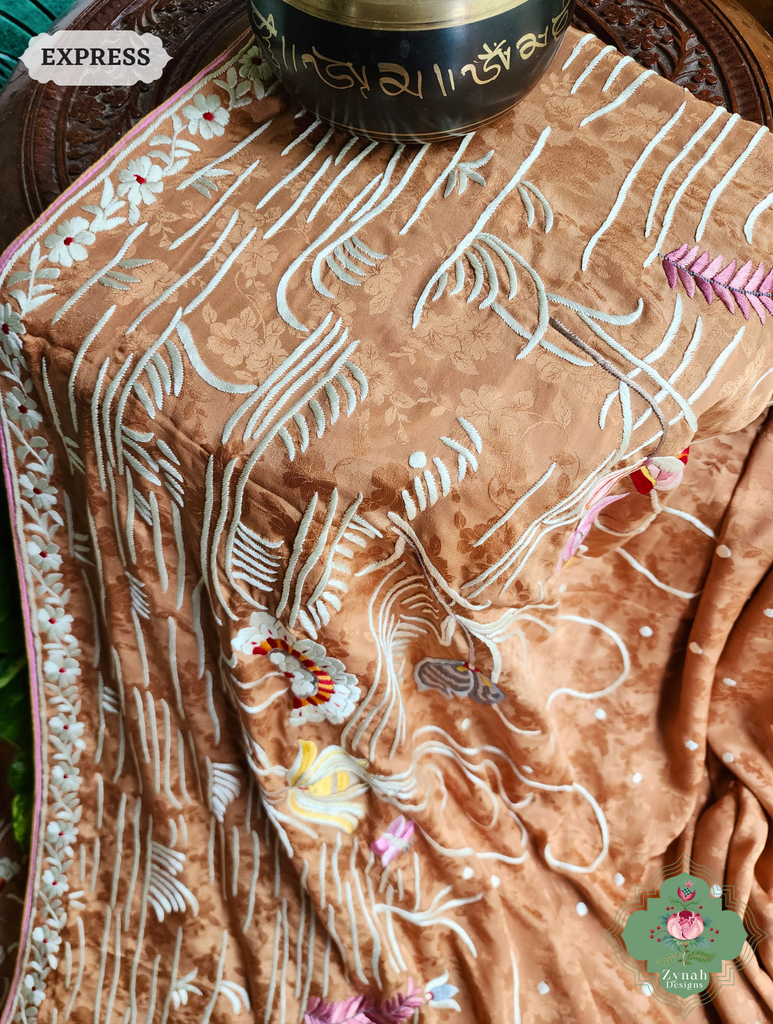 Zynah Golden Brown Crepe Silk Self Weave Hand Embroidered Authentic Parsi Gara Saree; Custom Stitched/Ready-made Blouse, Fall, Petticoat; SKU: 0207202502
