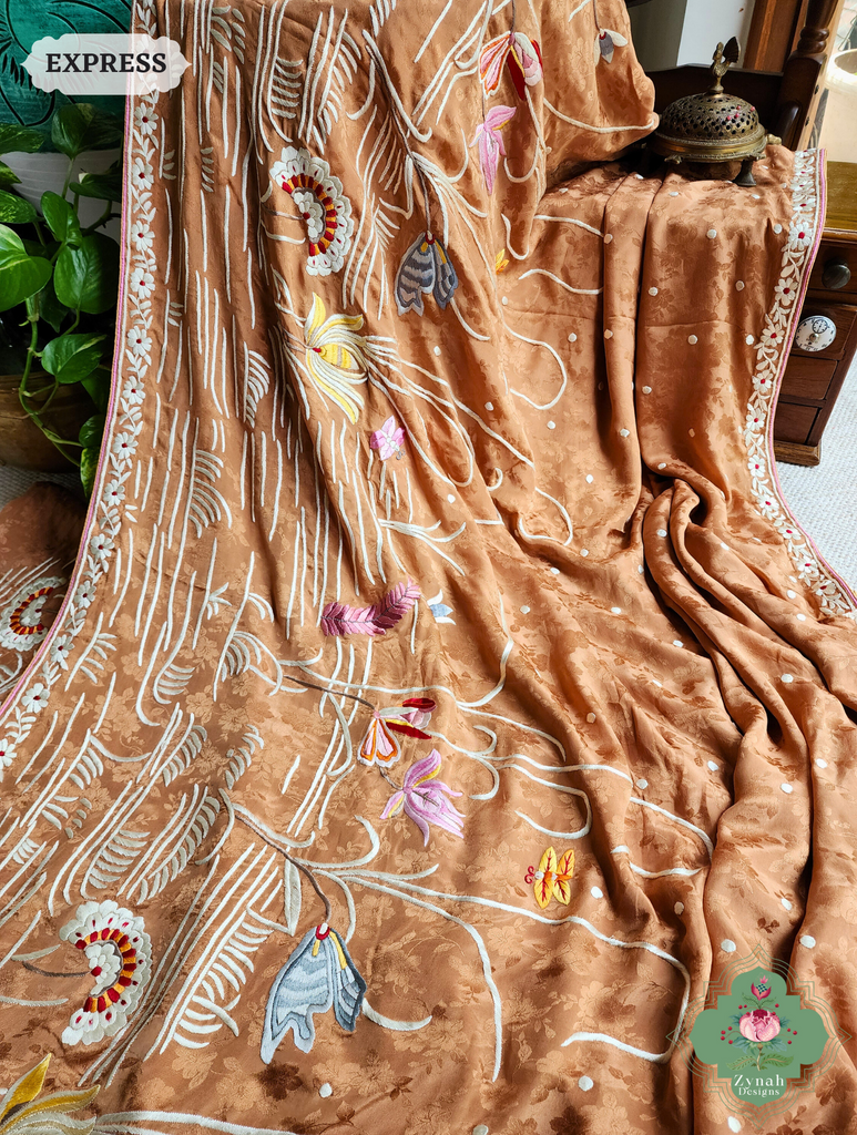 Zynah Golden Brown Crepe Silk Self Weave Hand Embroidered Authentic Parsi Gara Saree; Custom Stitched/Ready-made Blouse, Fall, Petticoat; SKU: 0207202502