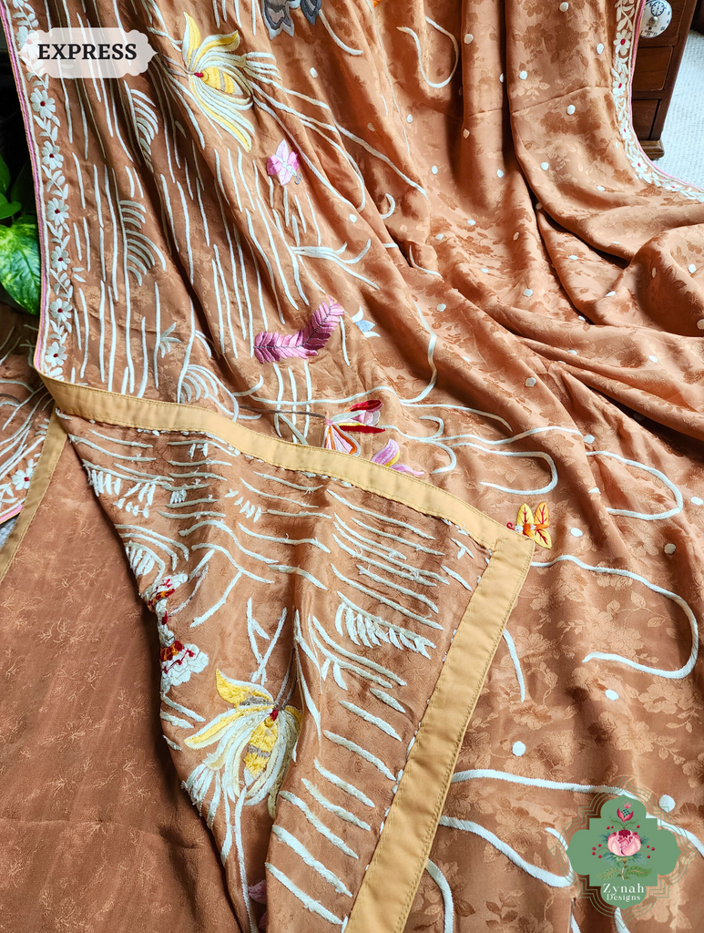 Zynah Golden Brown Crepe Silk Self Weave Hand Embroidered Authentic Parsi Gara Saree; Custom Stitched/Ready-made Blouse, Fall, Petticoat; SKU: 0207202502