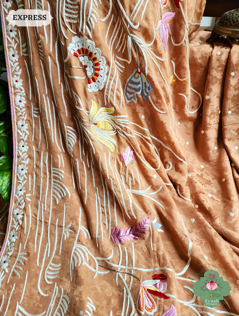 Zynah Golden Brown Crepe Silk Self Weave Hand Embroidered Authentic Parsi Gara Saree; Custom Stitched/Ready-made Blouse, Fall, Petticoat; SKU: 0207202502