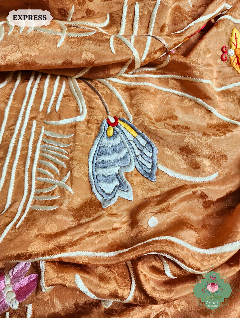 Zynah Golden Brown Crepe Silk Self Weave Hand Embroidered Authentic Parsi Gara Saree; Custom Stitched/Ready-made Blouse, Fall, Petticoat; SKU: 0207202502