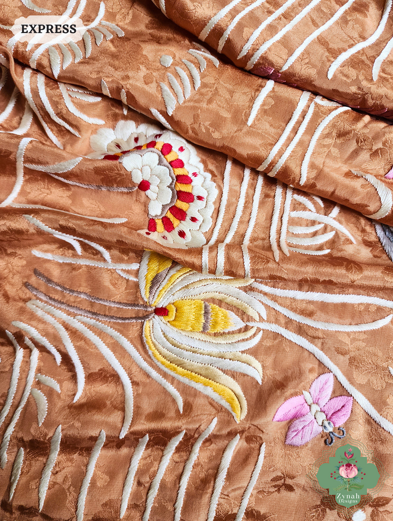Zynah Golden Brown Crepe Silk Self Weave Hand Embroidered Authentic Parsi Gara Saree; Custom Stitched/Ready-made Blouse, Fall, Petticoat; SKU: 0207202502