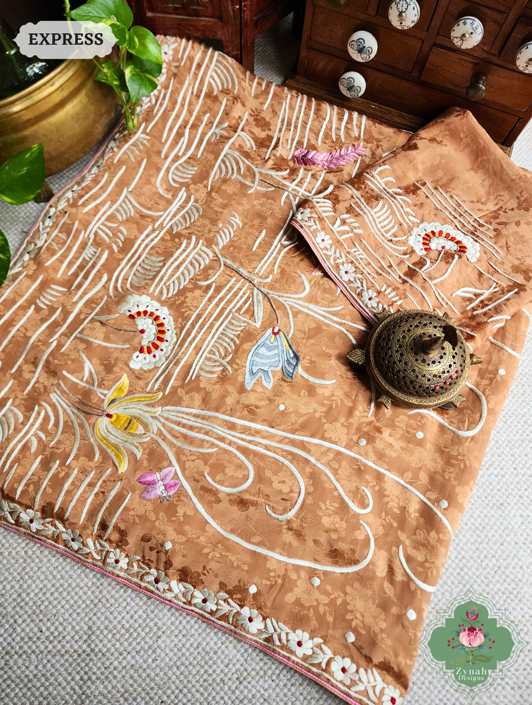 Zynah Golden Brown Crepe Silk Self Weave Hand Embroidered Authentic Parsi Gara Saree; Custom Stitched/Ready-made Blouse, Fall, Petticoat; SKU: 0207202502