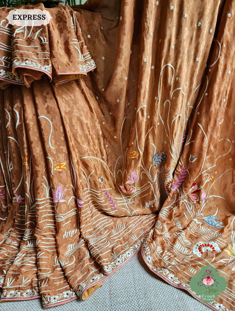 Zynah Golden Brown Crepe Silk Self Weave Hand Embroidered Authentic Parsi Gara Saree; Custom Stitched/Ready-made Blouse, Fall, Petticoat; SKU: 0207202502