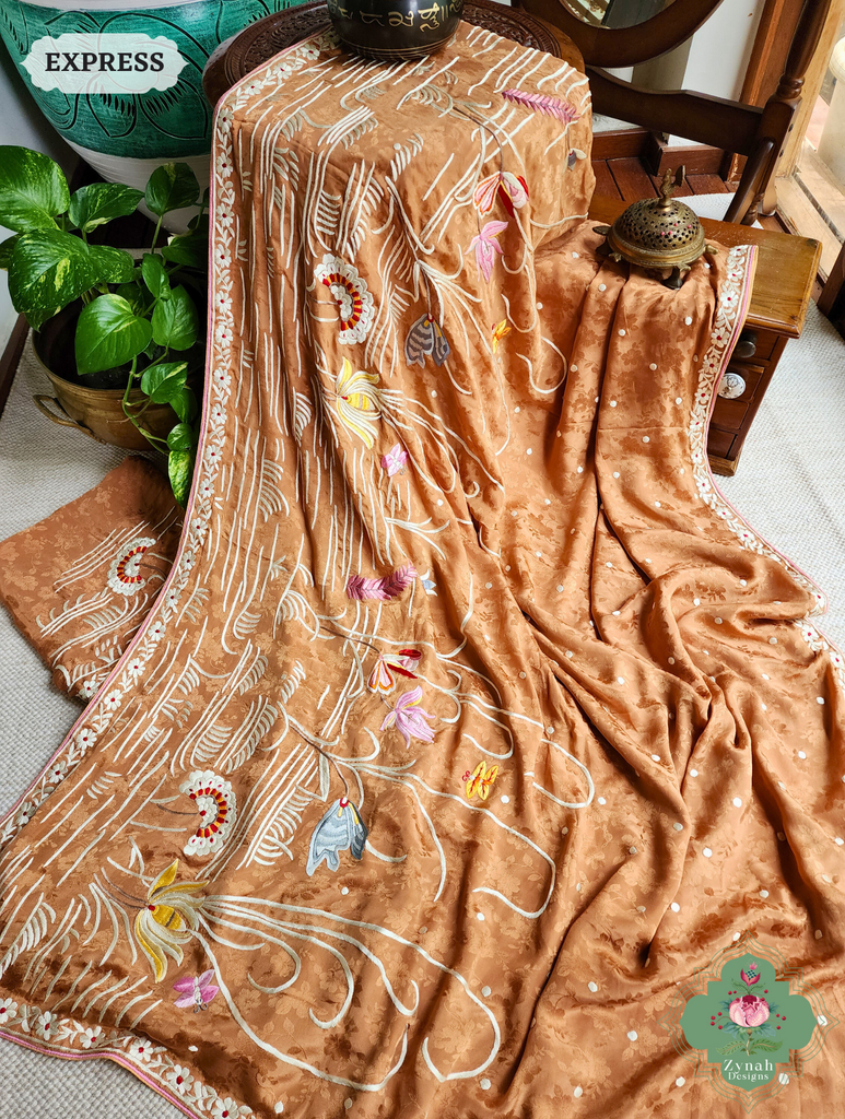 Zynah Golden Brown Crepe Silk Self Weave Hand Embroidered Authentic Parsi Gara Saree; Custom Stitched/Ready-made Blouse, Fall, Petticoat; SKU: 0207202502