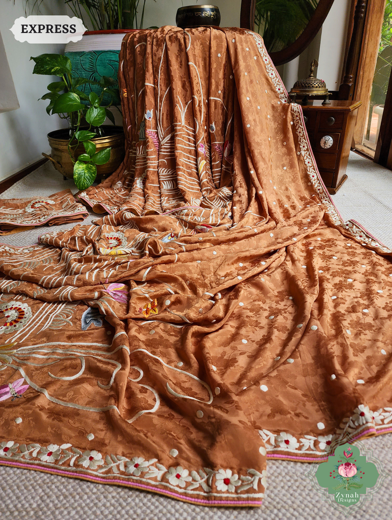 Zynah Golden Brown Crepe Silk Self Weave Hand Embroidered Authentic Parsi Gara Saree; Custom Stitched/Ready-made Blouse, Fall, Petticoat; SKU: 0207202502