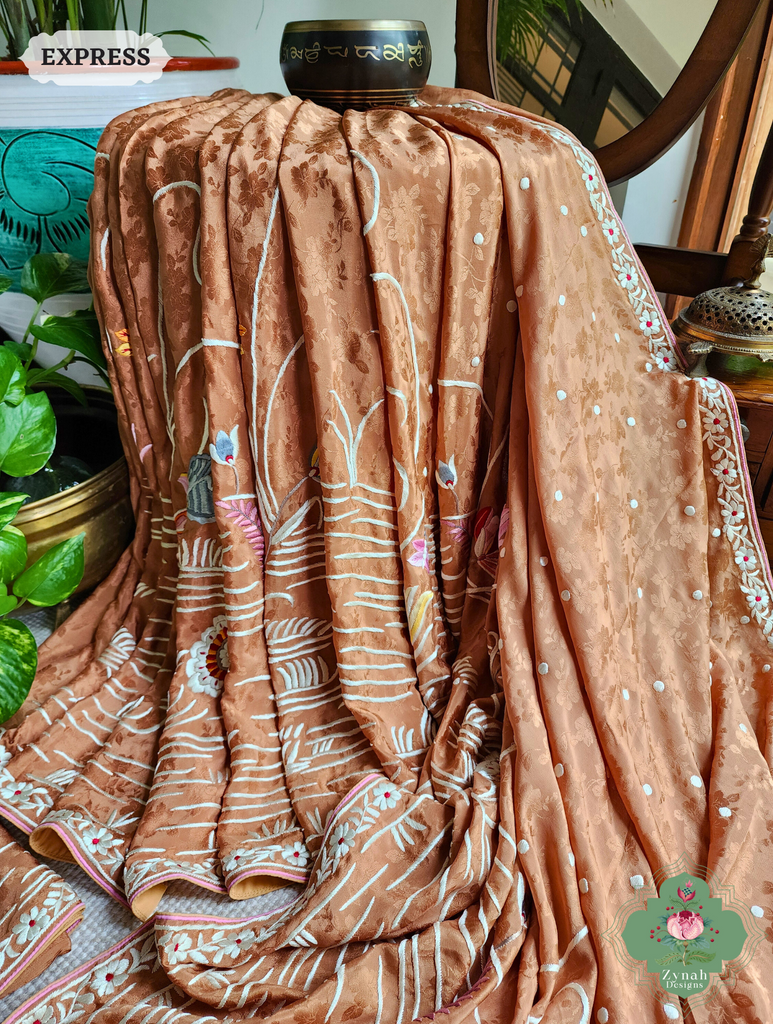 Zynah Golden Brown Crepe Silk Self Weave Hand Embroidered Authentic Parsi Gara Saree; Custom Stitched/Ready-made Blouse, Fall, Petticoat; SKU: 0207202502