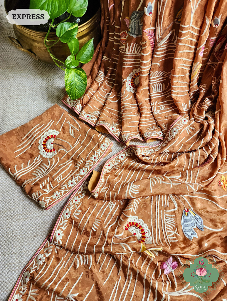 Zynah Golden Brown Crepe Silk Self Weave Hand Embroidered Authentic Parsi Gara Saree; Custom Stitched/Ready-made Blouse, Fall, Petticoat; SKU: 0207202502