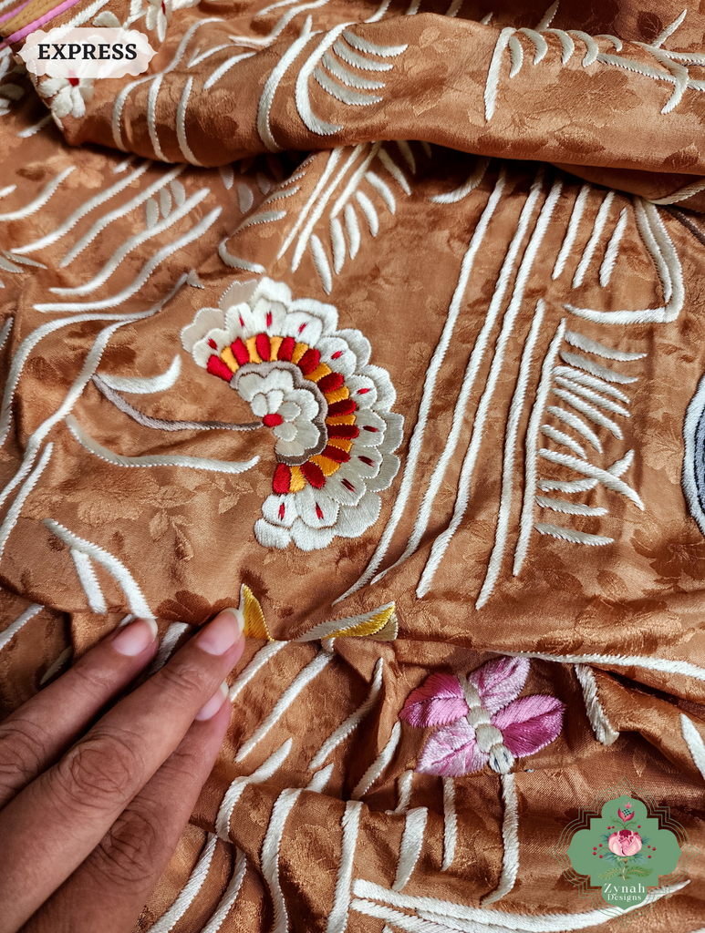 Zynah Golden Brown Crepe Silk Self Weave Hand Embroidered Authentic Parsi Gara Saree; Custom Stitched/Ready-made Blouse, Fall, Petticoat; SKU: 0207202502