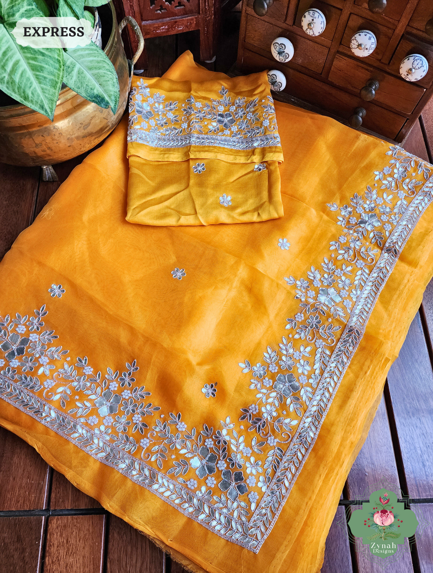 Golden Yellow Organza Silk Saree With Gota Patti & Pearl Hand Embroidery 13