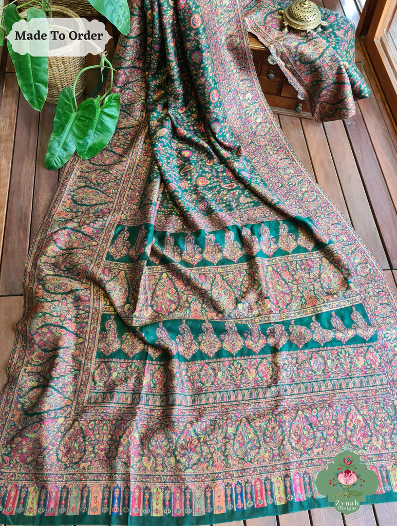 Zynah Green Kashmiri Pure Kani Silk Jamavar Saree; Custom Stitched/Ready-made Blouse, Fall, Petticoat; SKU: 0703202503