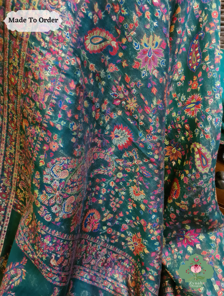 Zynah Green Kashmiri Pure Kani Silk Jamavar Saree; Custom Stitched/Ready-made Blouse, Fall, Petticoat; SKU: 0703202503