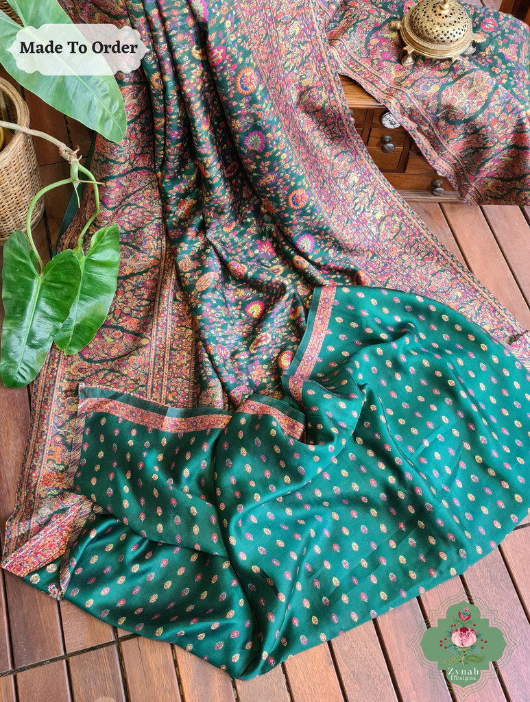 Zynah Green Kashmiri Pure Kani Silk Jamavar Saree; Custom Stitched/Ready-made Blouse, Fall, Petticoat; SKU: 0703202503