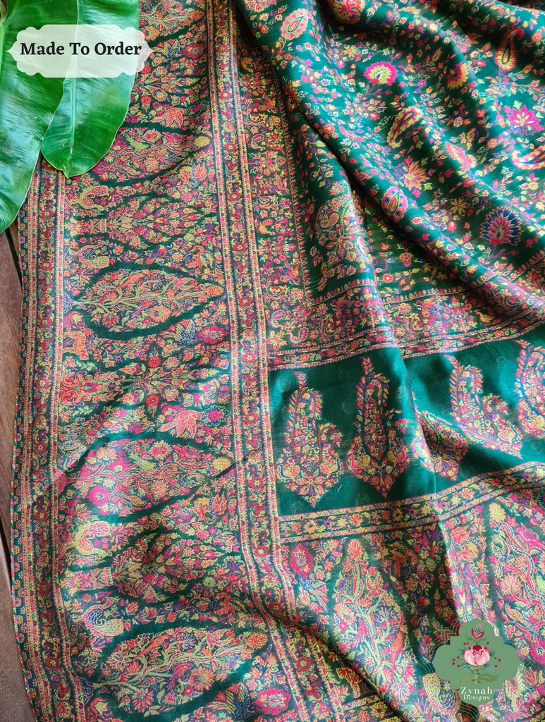 Zynah Green Kashmiri Pure Kani Silk Jamavar Saree; Custom Stitched/Ready-made Blouse, Fall, Petticoat; SKU: 0703202503