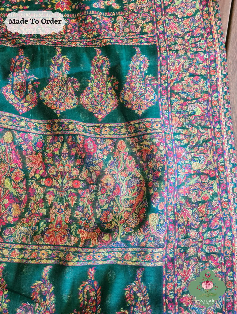 Zynah Green Kashmiri Pure Kani Silk Jamavar Saree; Custom Stitched/Ready-made Blouse, Fall, Petticoat; SKU: 0703202503