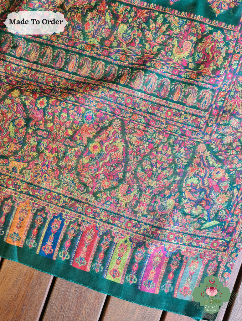 Zynah Green Kashmiri Pure Kani Silk Jamavar Saree; Custom Stitched/Ready-made Blouse, Fall, Petticoat; SKU: 0703202503