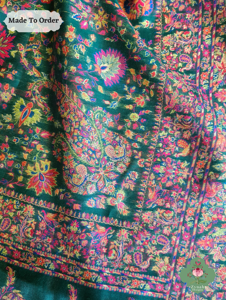 Zynah Green Kashmiri Pure Kani Silk Jamavar Saree; Custom Stitched/Ready-made Blouse, Fall, Petticoat; SKU: 0703202503