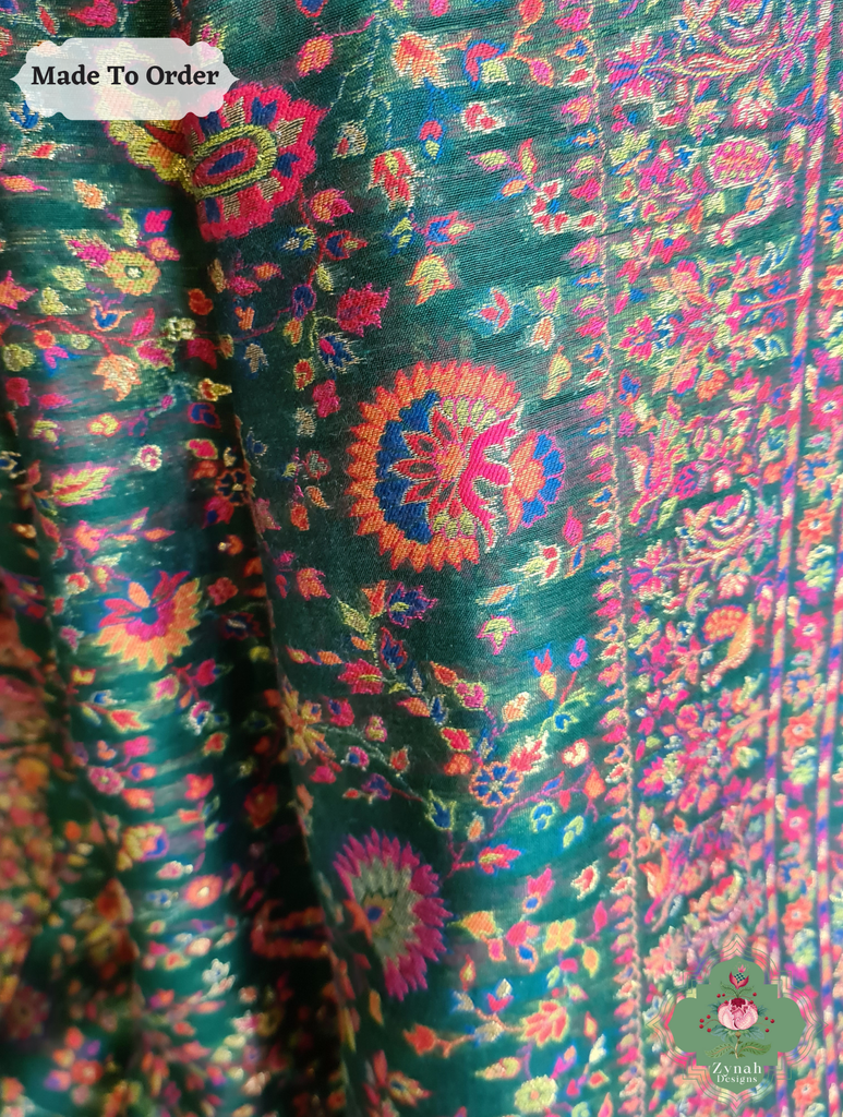 Zynah Green Kashmiri Pure Kani Silk Jamavar Saree; Custom Stitched/Ready-made Blouse, Fall, Petticoat; SKU: 0703202503