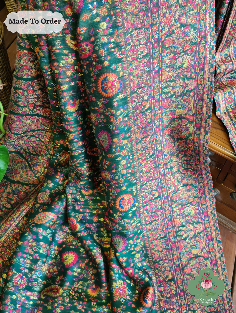 Zynah Green Kashmiri Pure Kani Silk Jamavar Saree; Custom Stitched/Ready-made Blouse, Fall, Petticoat; SKU: 0703202503