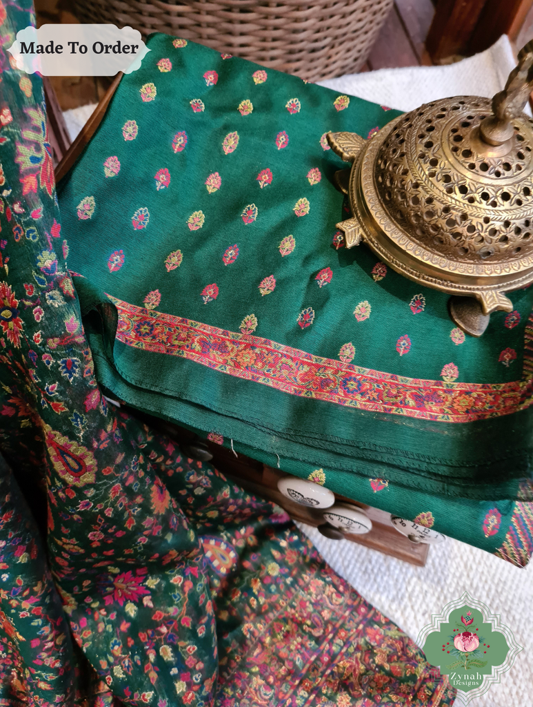 Zynah Green Kashmiri Pure Kani Silk Jamavar Saree; Custom Stitched/Ready-made Blouse, Fall, Petticoat; SKU: 0703202503