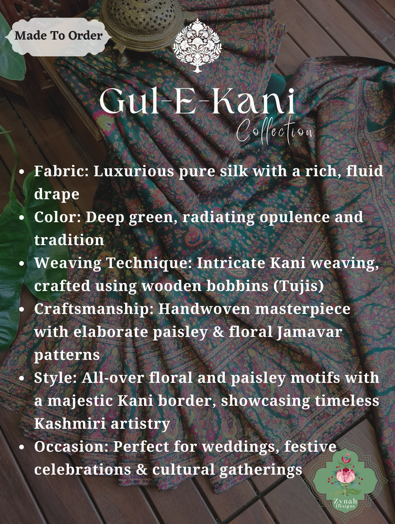 Zynah Green Kashmiri Pure Kani Silk Jamavar Saree; Custom Stitched/Ready-made Blouse, Fall, Petticoat; SKU: 0703202503