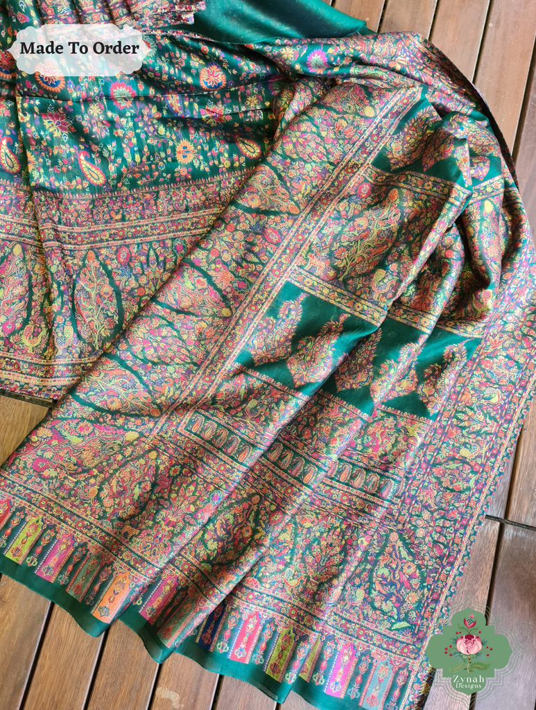 Zynah Green Kashmiri Pure Kani Silk Jamavar Saree; Custom Stitched/Ready-made Blouse, Fall, Petticoat; SKU: 0703202503
