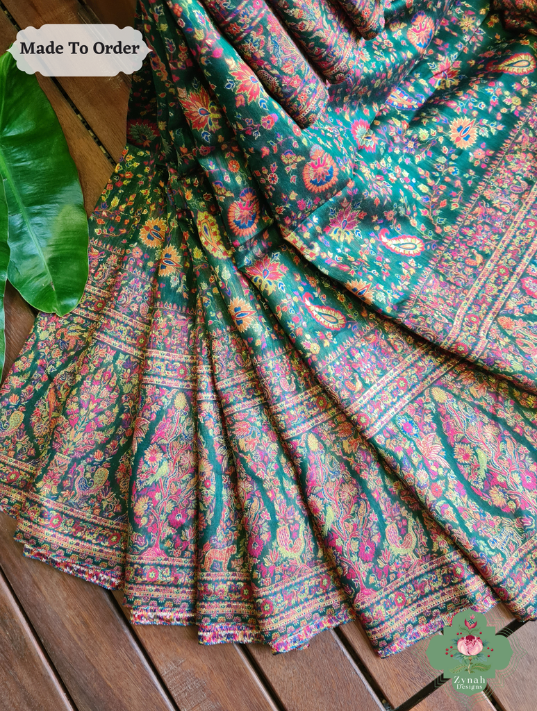Zynah Green Kashmiri Pure Kani Silk Jamavar Saree; Custom Stitched/Ready-made Blouse, Fall, Petticoat; SKU: 0703202503