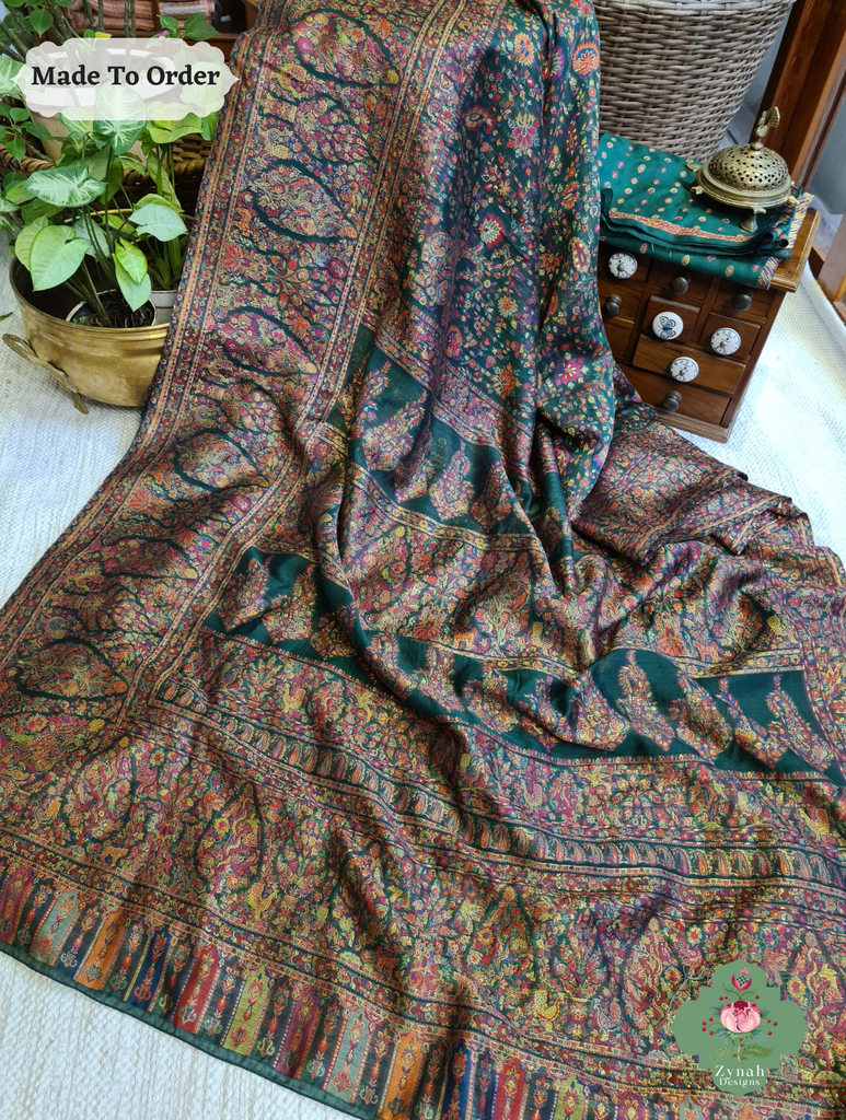 Zynah Green Kashmiri Pure Kani Silk Jamavar Saree; Custom Stitched/Ready-made Blouse, Fall, Petticoat; SKU: 0703202503