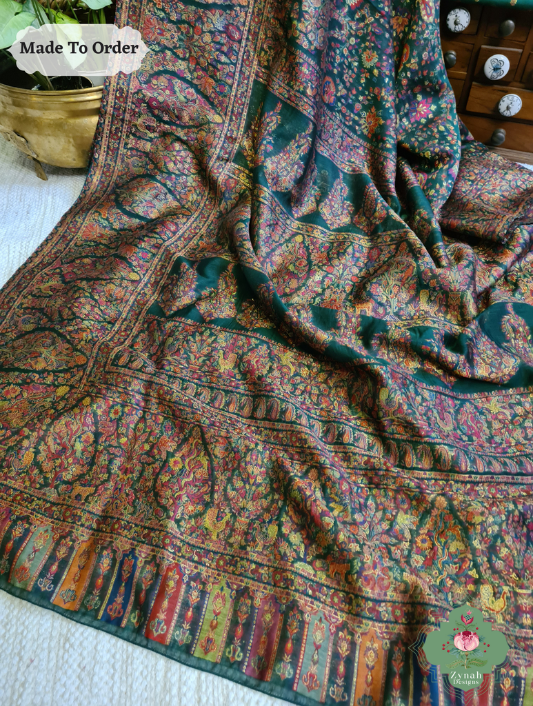 Zynah Green Kashmiri Pure Kani Silk Jamavar Saree; Custom Stitched/Ready-made Blouse, Fall, Petticoat; SKU: 0703202503