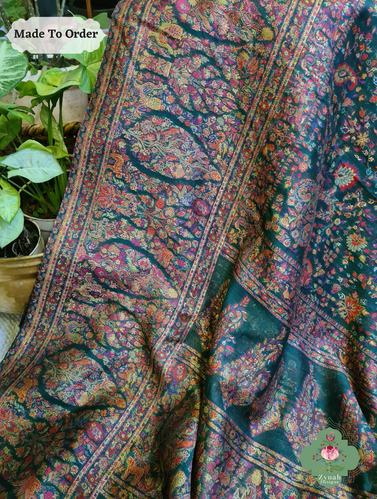 Zynah Green Kashmiri Pure Kani Silk Jamavar Saree; Custom Stitched/Ready-made Blouse, Fall, Petticoat; SKU: 0703202503