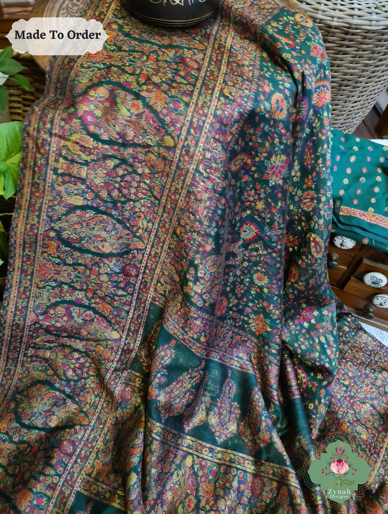 Zynah Green Kashmiri Pure Kani Silk Jamavar Saree; Custom Stitched/Ready-made Blouse, Fall, Petticoat; SKU: 0703202503