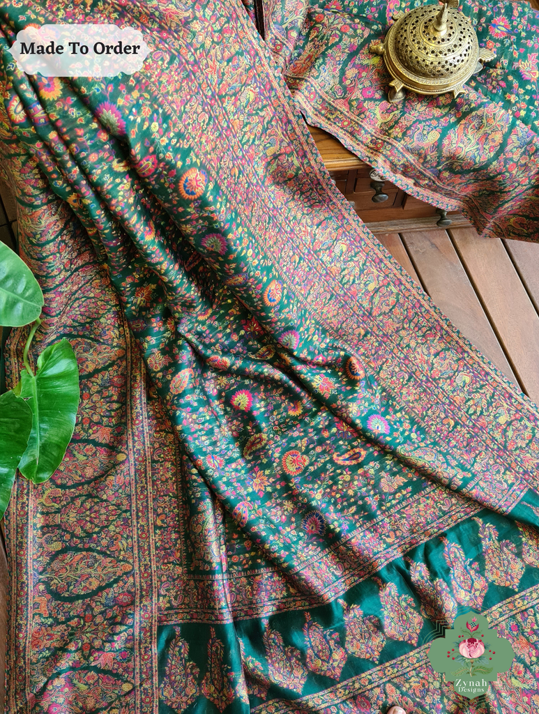 Zynah Green Kashmiri Pure Kani Silk Jamavar Saree; Custom Stitched/Ready-made Blouse, Fall, Petticoat; SKU: 0703202503