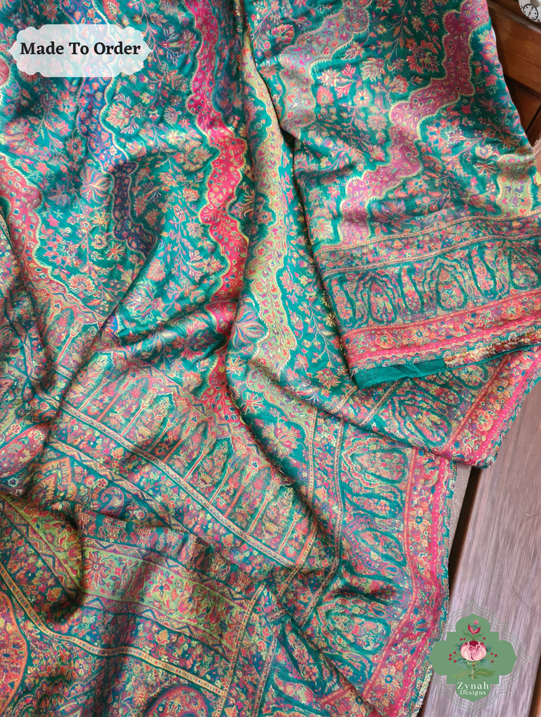 Zynah Green Kashmiri Pure Kani Silk Jamavar Saree; Custom Stitched/Ready-made Blouse, Fall, Petticoat; SKU: 0703202505