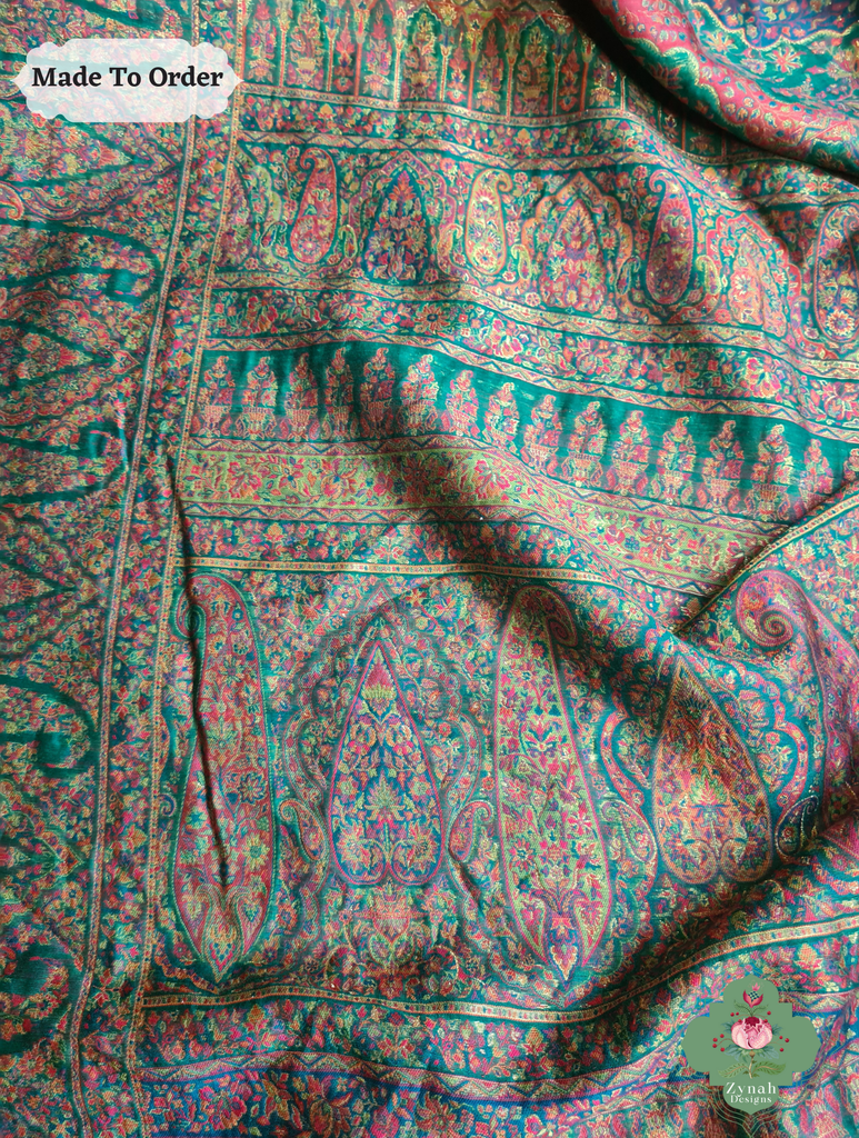 Zynah Green Kashmiri Pure Kani Silk Jamavar Saree; Custom Stitched/Ready-made Blouse, Fall, Petticoat; SKU: 0703202505