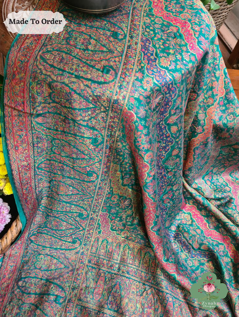 Zynah Green Kashmiri Pure Kani Silk Jamavar Saree; Custom Stitched/Ready-made Blouse, Fall, Petticoat; SKU: 0703202505