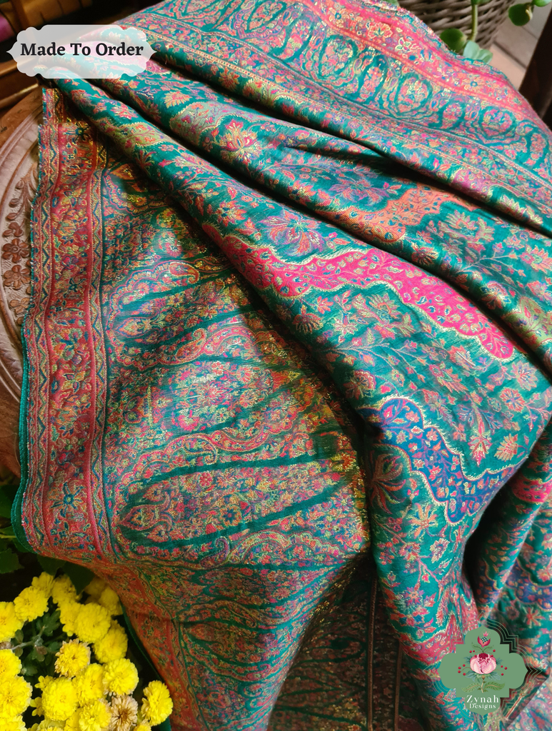 Zynah Green Kashmiri Pure Kani Silk Jamavar Saree; Custom Stitched/Ready-made Blouse, Fall, Petticoat; SKU: 0703202505