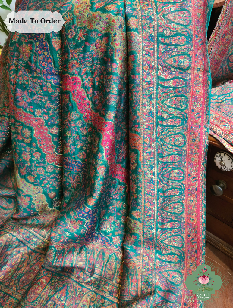 Zynah Green Kashmiri Pure Kani Silk Jamavar Saree; Custom Stitched/Ready-made Blouse, Fall, Petticoat; SKU: 0703202505