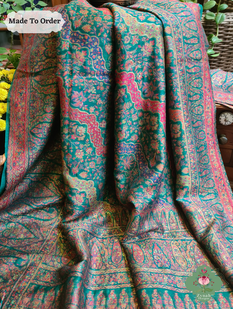 Zynah Green Kashmiri Pure Kani Silk Jamavar Saree; Custom Stitched/Ready-made Blouse, Fall, Petticoat; SKU: 0703202505