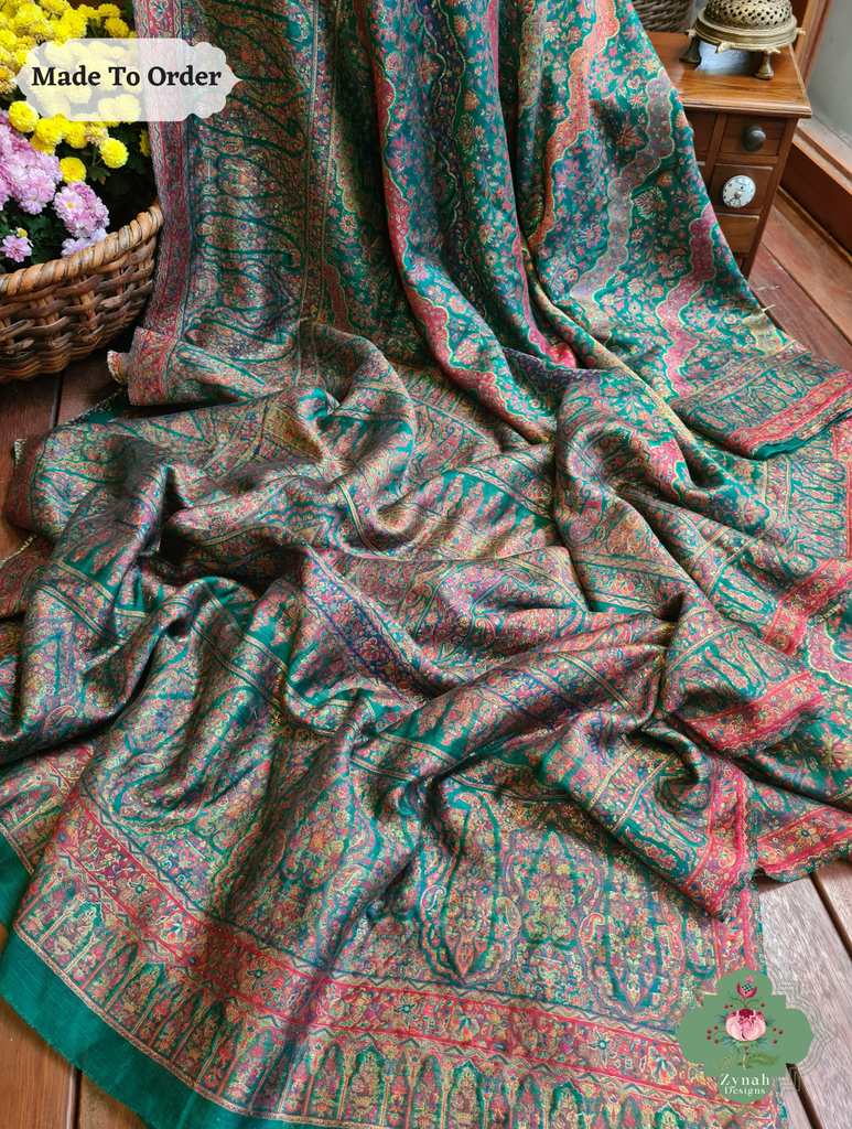 Zynah Green Kashmiri Pure Kani Silk Jamavar Saree; Custom Stitched/Ready-made Blouse, Fall, Petticoat; SKU: 0703202505