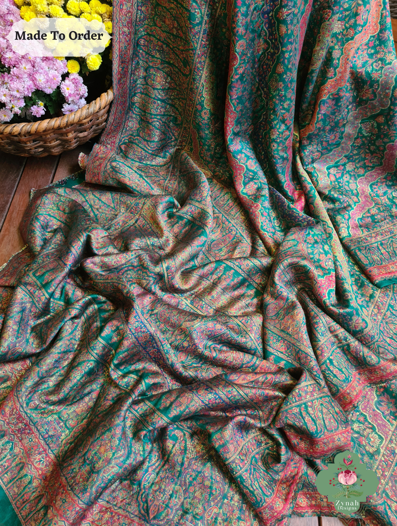 Zynah Green Kashmiri Pure Kani Silk Jamavar Saree; Custom Stitched/Ready-made Blouse, Fall, Petticoat; SKU: 0703202505