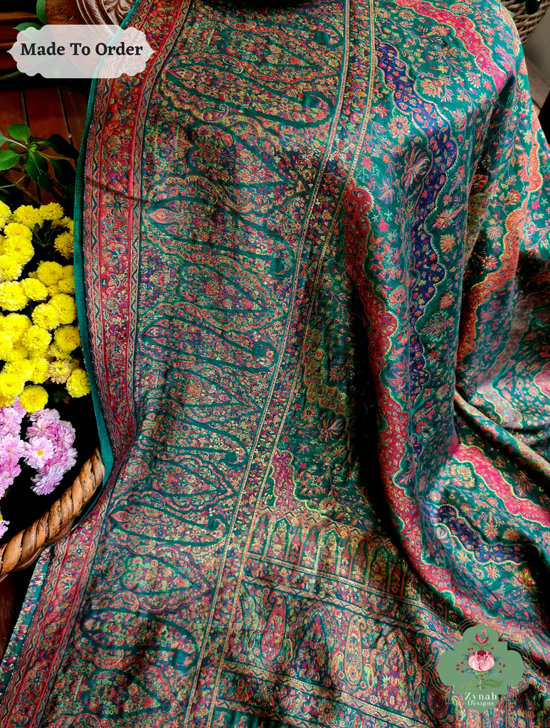 Zynah Green Kashmiri Pure Kani Silk Jamavar Saree; Custom Stitched/Ready-made Blouse, Fall, Petticoat; SKU: 0703202505