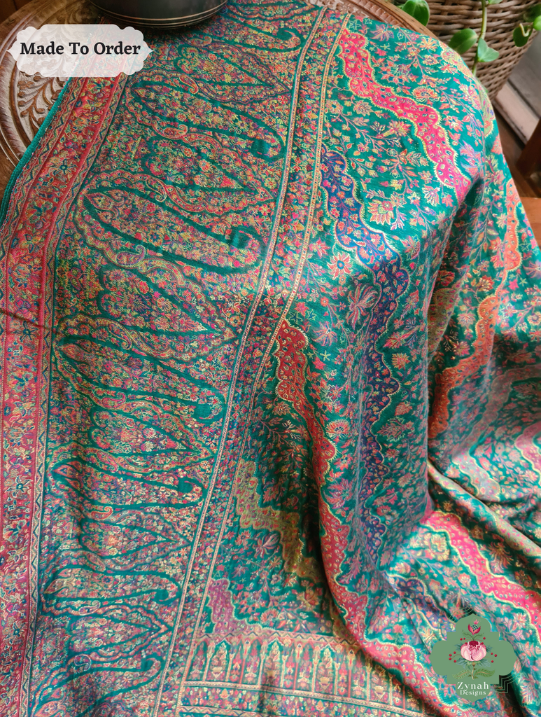 Zynah Green Kashmiri Pure Kani Silk Jamavar Saree; Custom Stitched/Ready-made Blouse, Fall, Petticoat; SKU: 0703202505