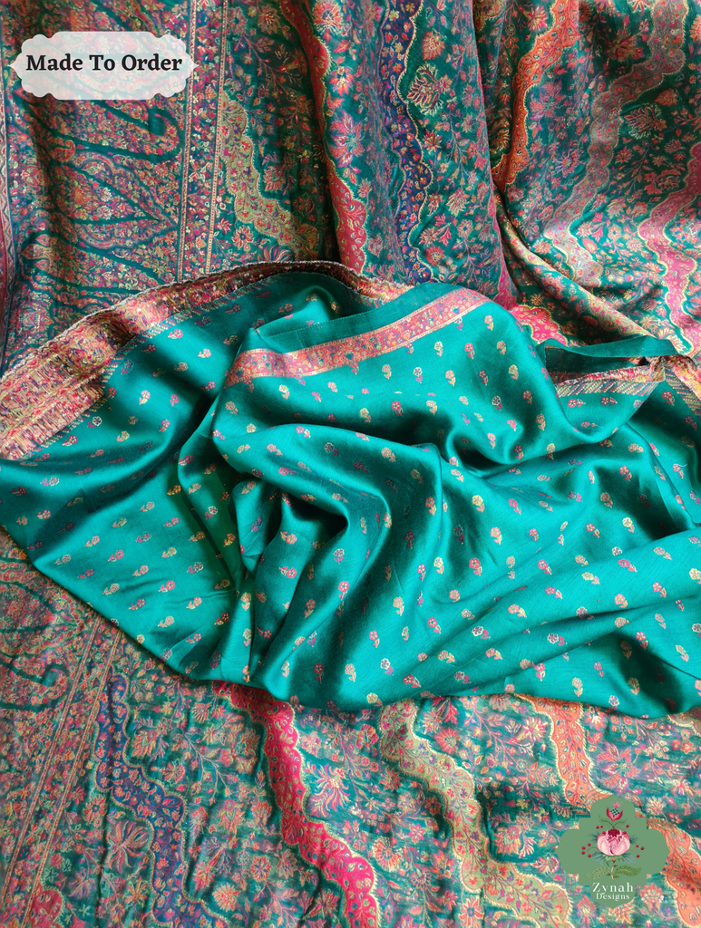 Zynah Green Kashmiri Pure Kani Silk Jamavar Saree; Custom Stitched/Ready-made Blouse, Fall, Petticoat; SKU: 0703202505