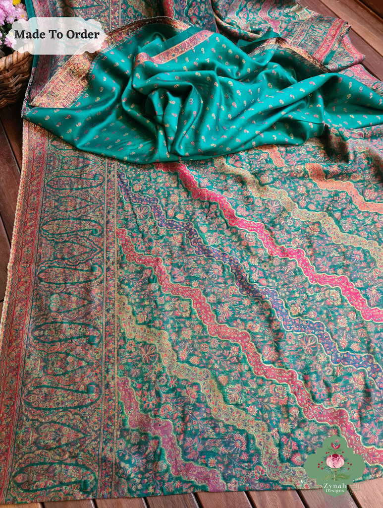 Zynah Green Kashmiri Pure Kani Silk Jamavar Saree; Custom Stitched/Ready-made Blouse, Fall, Petticoat; SKU: 0703202505