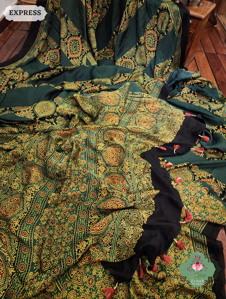 Zynah Green Modal Ajrakh Silk Saree Crafted Using The Traditional Method Of Hand Block Printing Using 100% Natural Dyes; Custom Stitched/Ready-made Blouse, Fall, Petticoat; SKU: 1402202505
