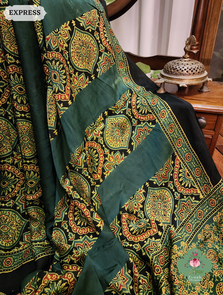 Zynah Green Modal Ajrakh Silk Saree Crafted Using The Traditional Method Of Hand Block Printing Using 100% Natural Dyes; Custom Stitched/Ready-made Blouse, Fall, Petticoat; SKU: 1402202505