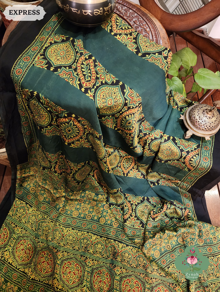 Zynah Green Modal Ajrakh Silk Saree Crafted Using The Traditional Method Of Hand Block Printing Using 100% Natural Dyes; Custom Stitched/Ready-made Blouse, Fall, Petticoat; SKU: 1402202505