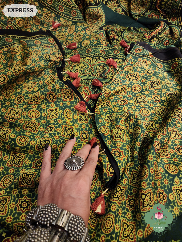 Zynah Green Modal Ajrakh Silk Saree Crafted Using The Traditional Method Of Hand Block Printing Using 100% Natural Dyes; Custom Stitched/Ready-made Blouse, Fall, Petticoat; SKU: 1402202505